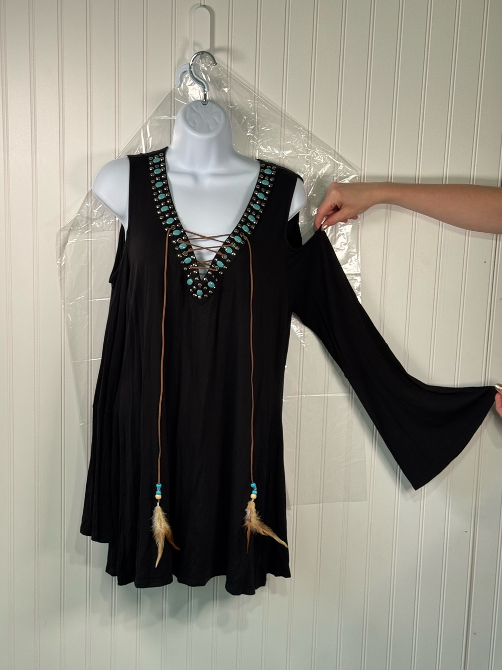 Boston Proper Black Cold-Shoulder Boho Tunic with Turquoise Bead Detail
